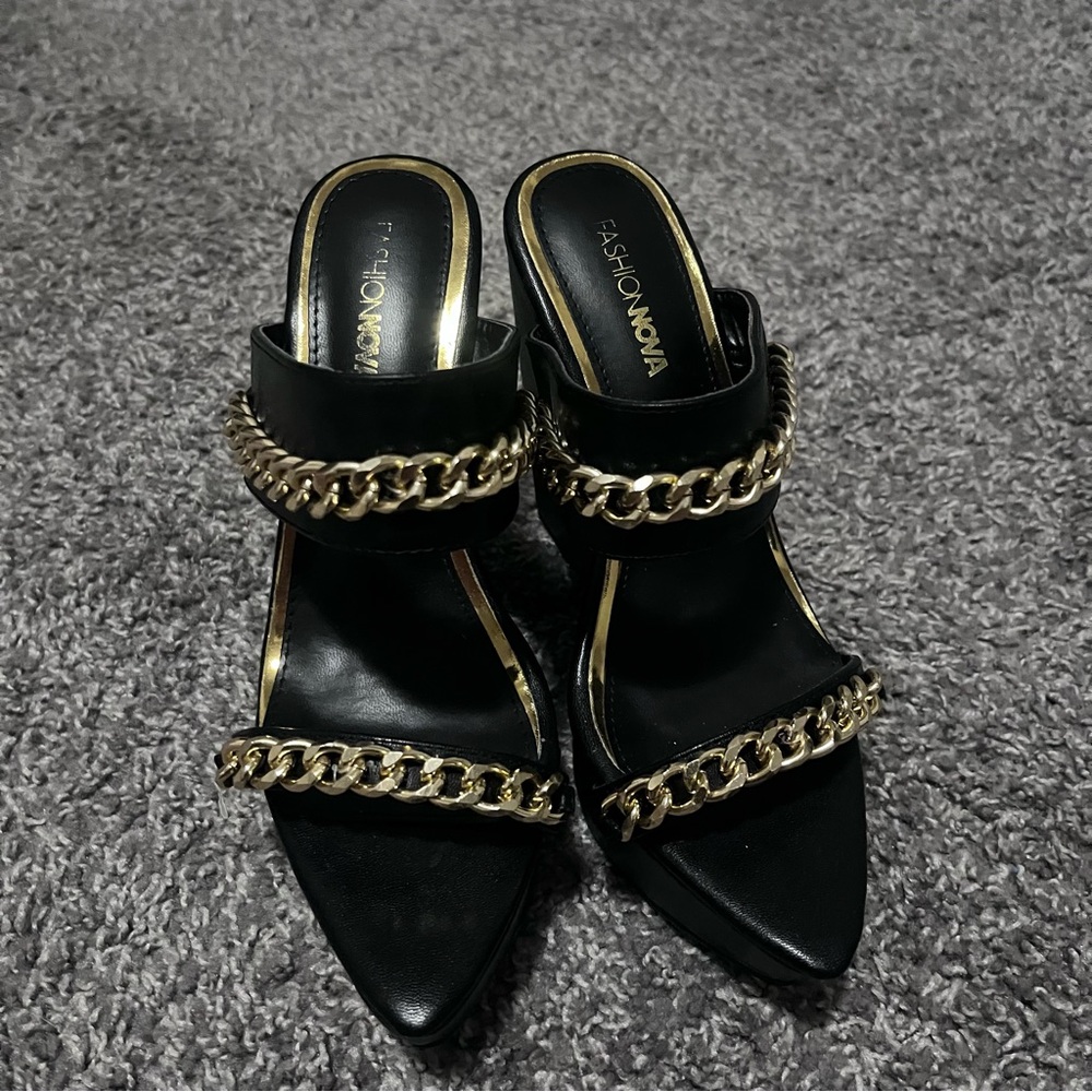 Fashion Nova Gold and Black wedge heels
